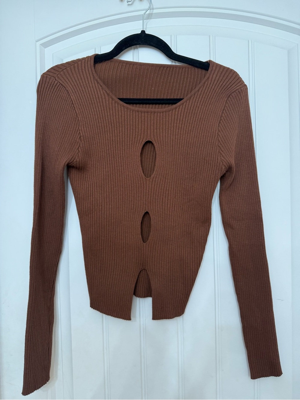 Ribbed Brown Long-Sleeve Cutout Top
